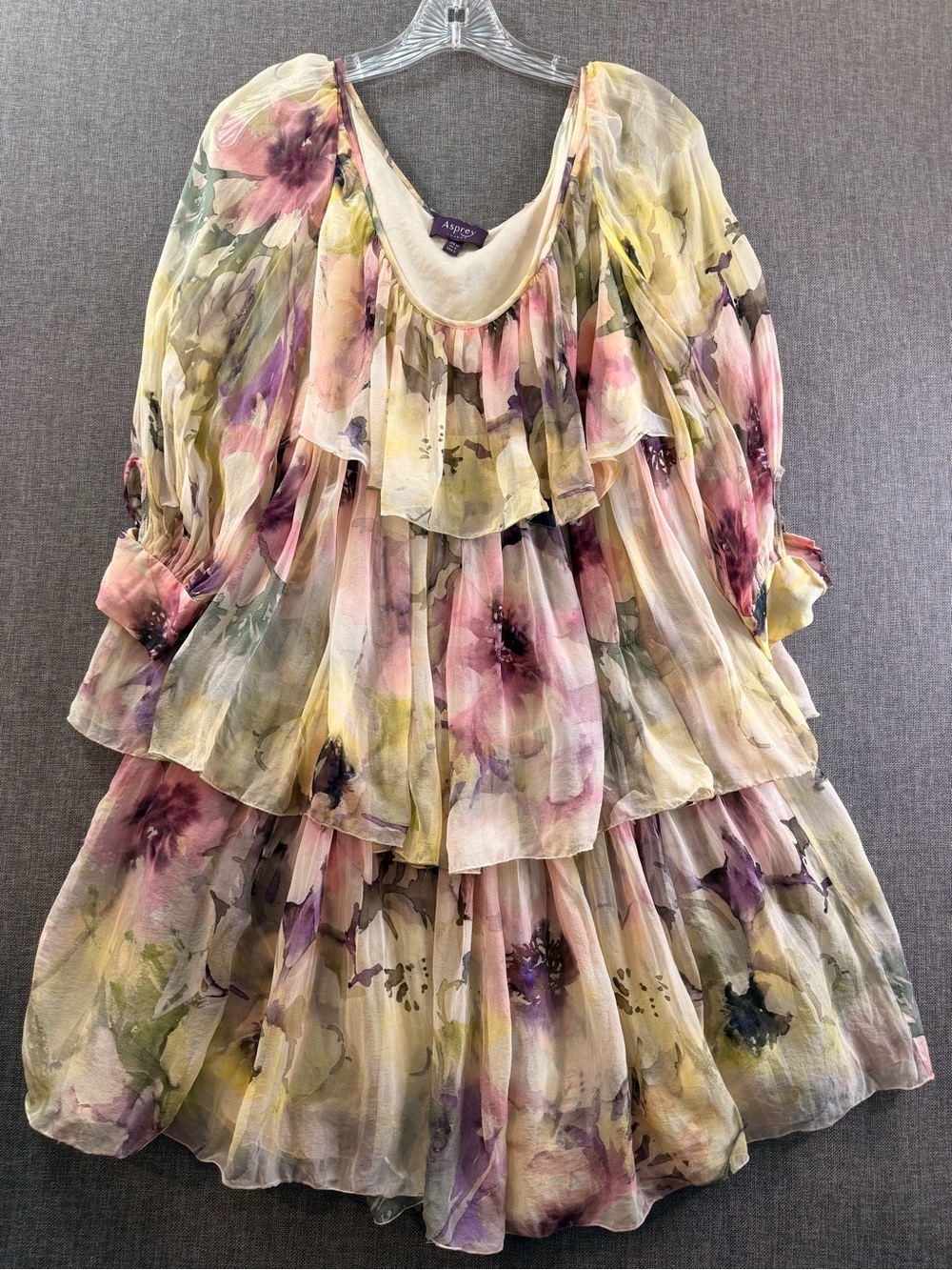 Asprey Vintage Floral Tiered Chiffon Dress Yellow/Purple Size 4